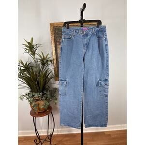 Edikted Cargo Jeans Women's XL Blue Denim Wide-Leg Streetwear Y2K Aesthetic